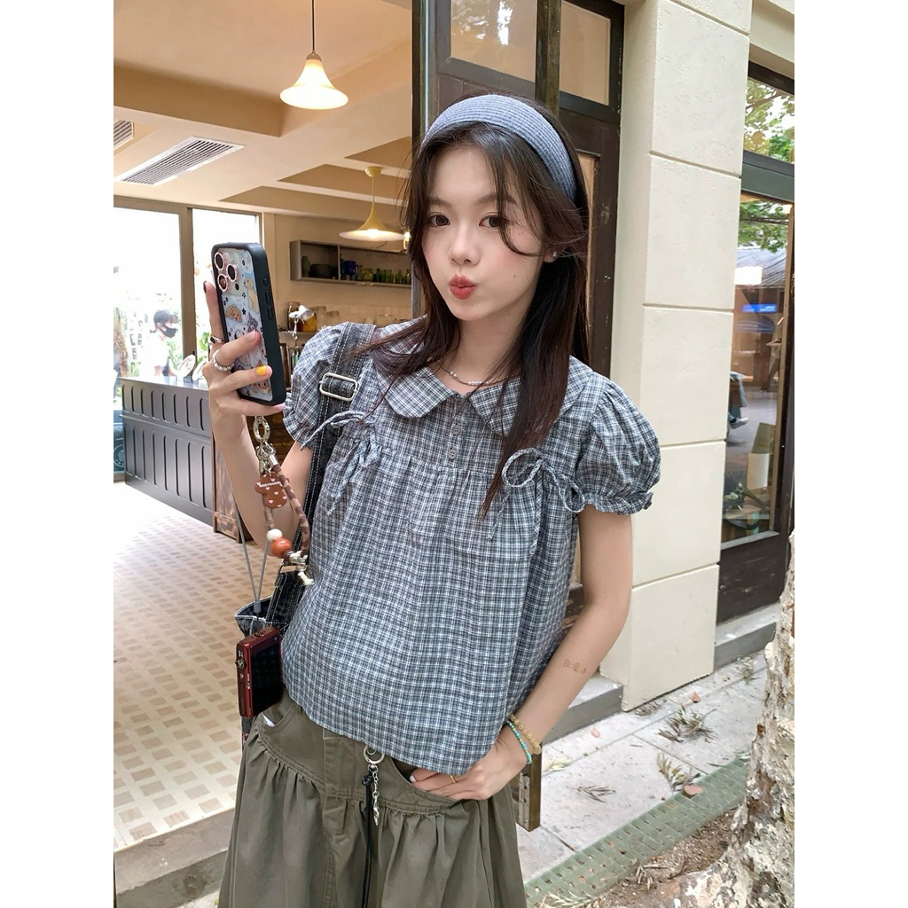 80322# เสื้อคอบัว แขนจั๊มยางยืด ลายสก็อต