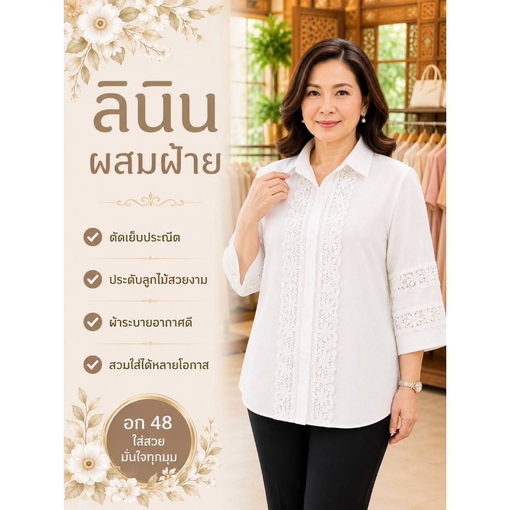 เสื้อลินินผสมผ้าฝ้ายใส่สบายคอปกเชิ๊ตแต่งลูกไม้แขนและช่วกระดุมหน้าสวยหรูดูดีใส่สบายผ้าไม่ร้อนอก44-48ยาว26แขนสามส่วน