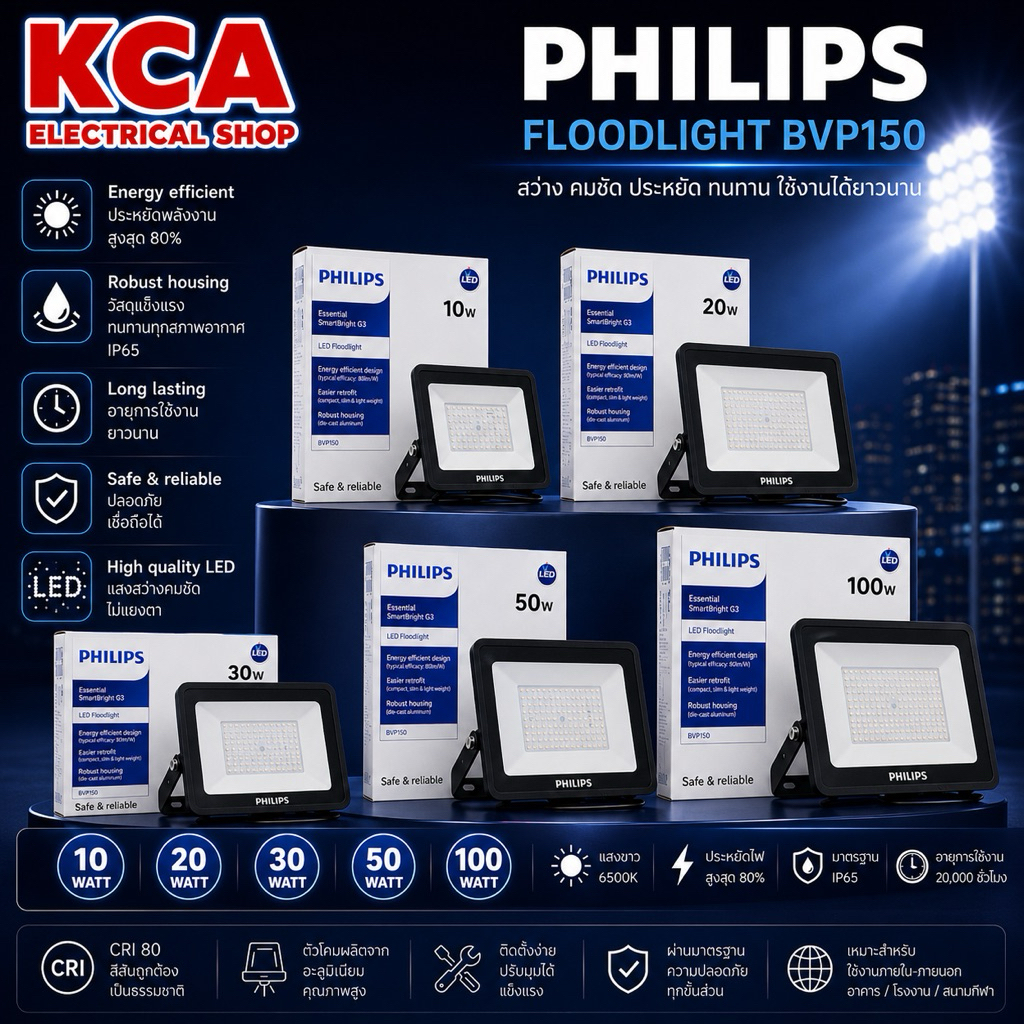 โคมไฟฟลัดไลท์ PHILIPS Lighting Floodlight LED อเนกประสงค์ (BVP150) 10 20 30 50 วัตต์ ((กล่องเก่าบ้าง))