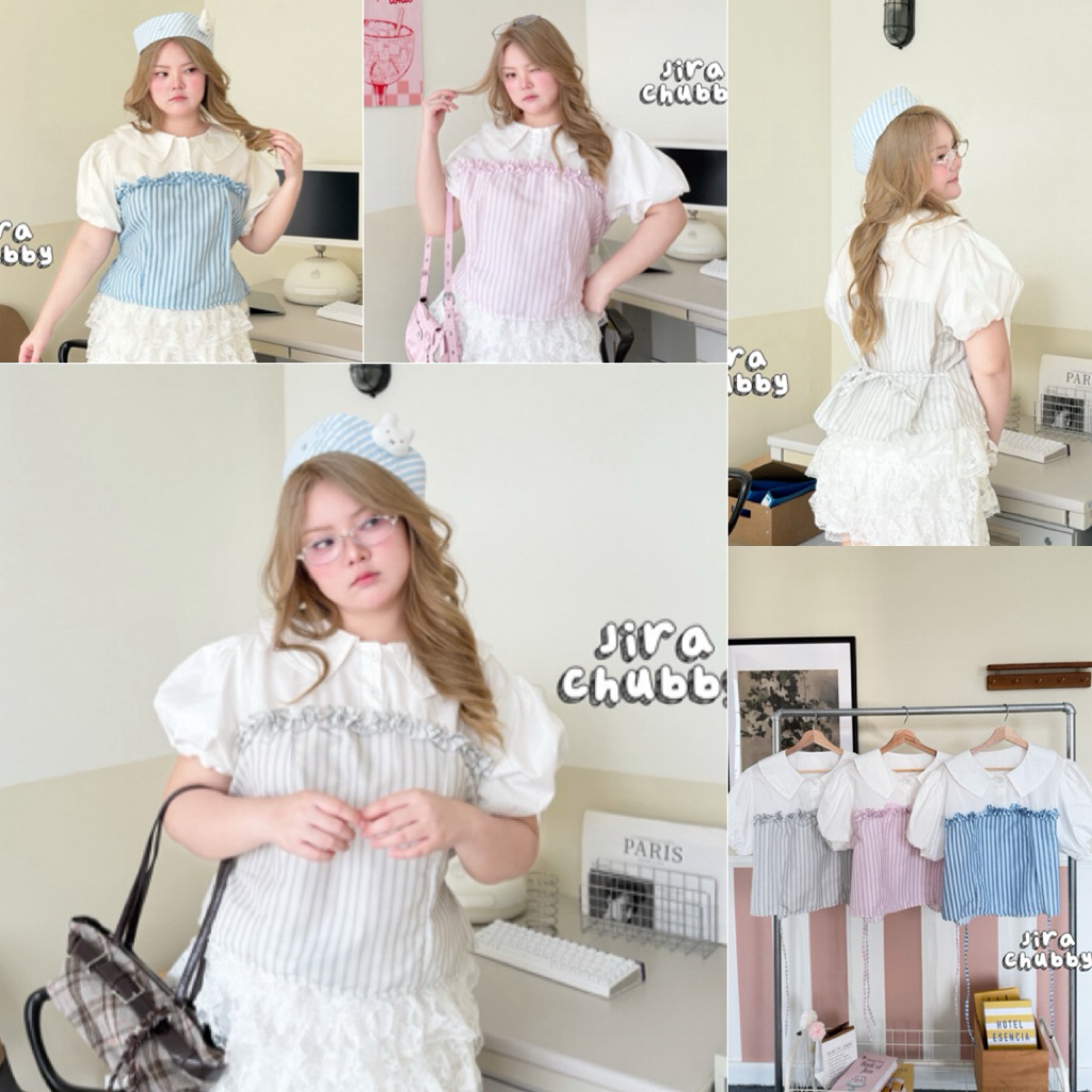 (ส่วนลดโปรเปิดร้าน+ส่งฟรีโค้ดคุ้ม✅) เสื้อสาวอวบอ้วนลายริ้ว สีพาสเทลสุดน่ารัก แต่งแขนบอลลูนดูแบ๊วสุดๆ(38-50)