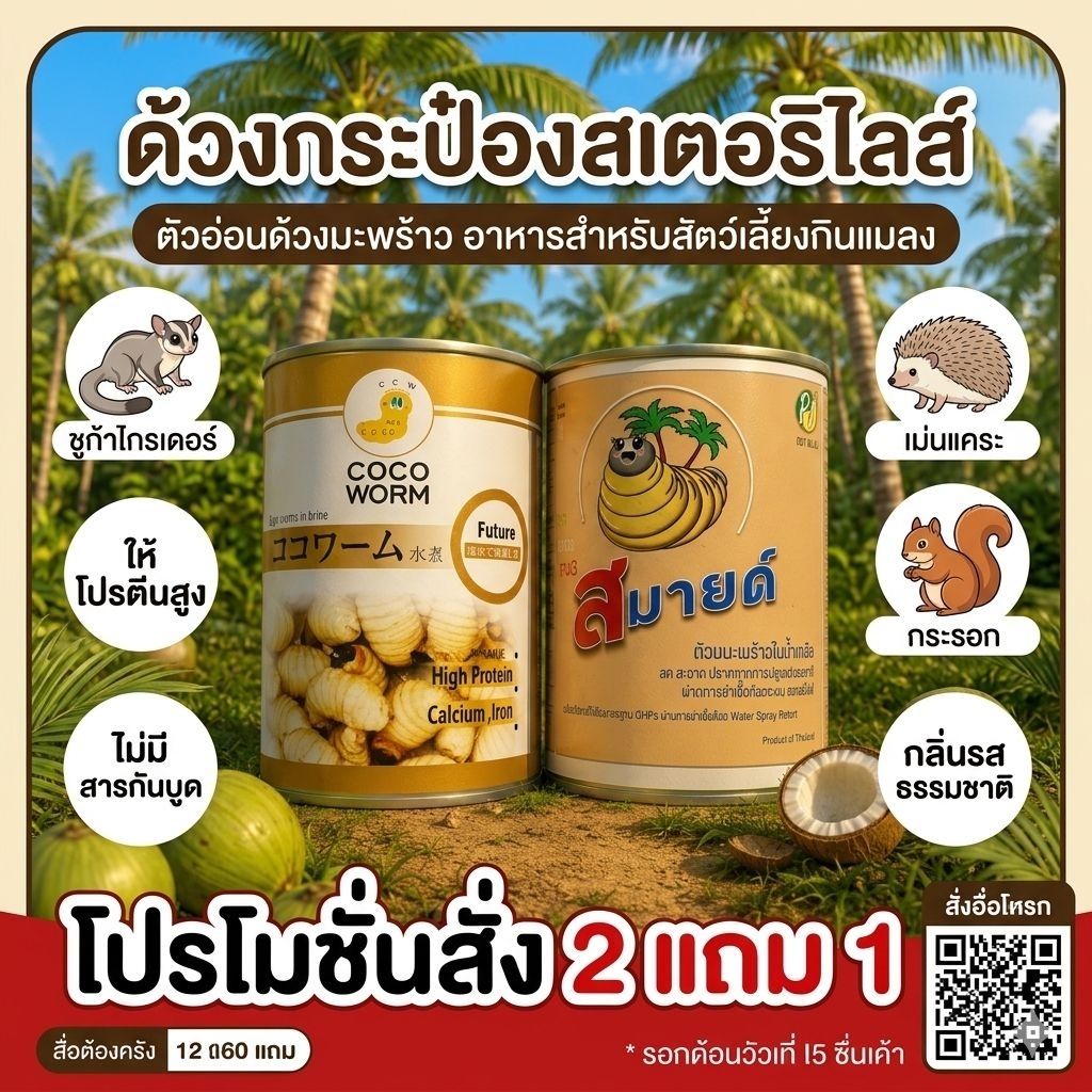 ด้วงชีสสเตอริไลส์ (ผ่านการฆ่าเชื้อโรค) สั่ง 2 แถม 1 อาหารชูการ์ เม่นแคระ ให้โปรตีนสูง สะอาด ปลอดพยาธิ ปราศจากกันเสีย