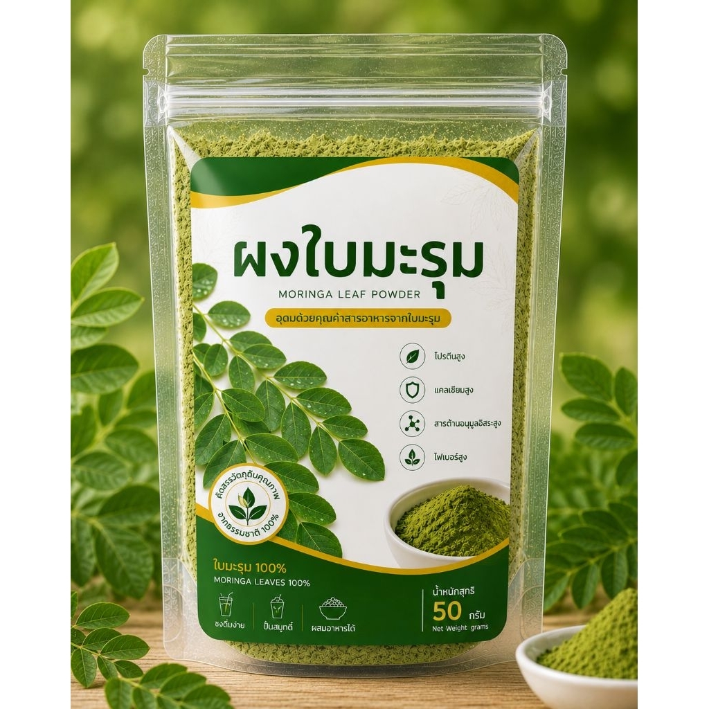 ผงใบมะรุม ใบมะรุมบดผง 100% (Moringa Leaves Powder) กลิ่นหอม สีเขียวเข้ม