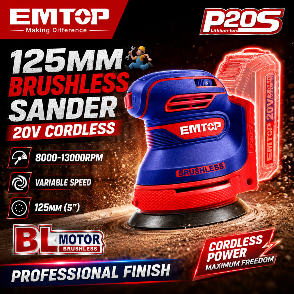 EMTOP เครื่องขัดกระดาษทรายกลมไร้สายไร้แปรงถ่าน 20V รุ่น ELROS2002 ขนาด 5" (125mm) (ตัวเปล่าไม่แถมแบตเตอรี่และที่ชาร์จ)
