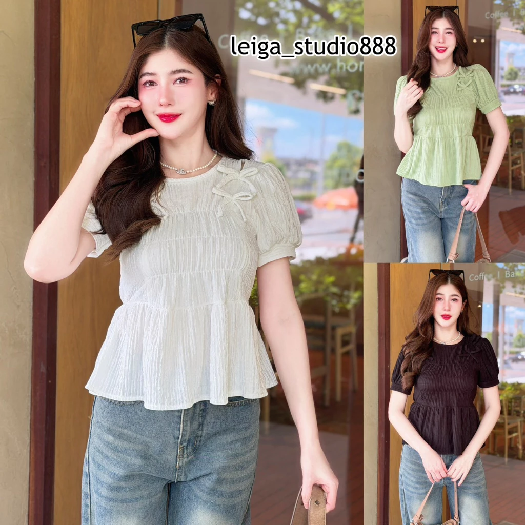 เสื้อแฟชั่น ผ้าเปลือกไม้ แขนตุ๊กตา โบว์หน้า สม็อคหน้า-หลัง ชายระบาย สาวอวบใส่ได้ ใส่เที่ยว ใส่ทำงาน ใส่แมท T022