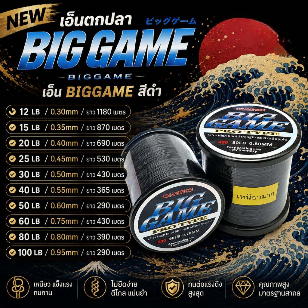 [พร้อมส่ง]เอ็นตกปลา  BIGGAME biggame สีดำ
