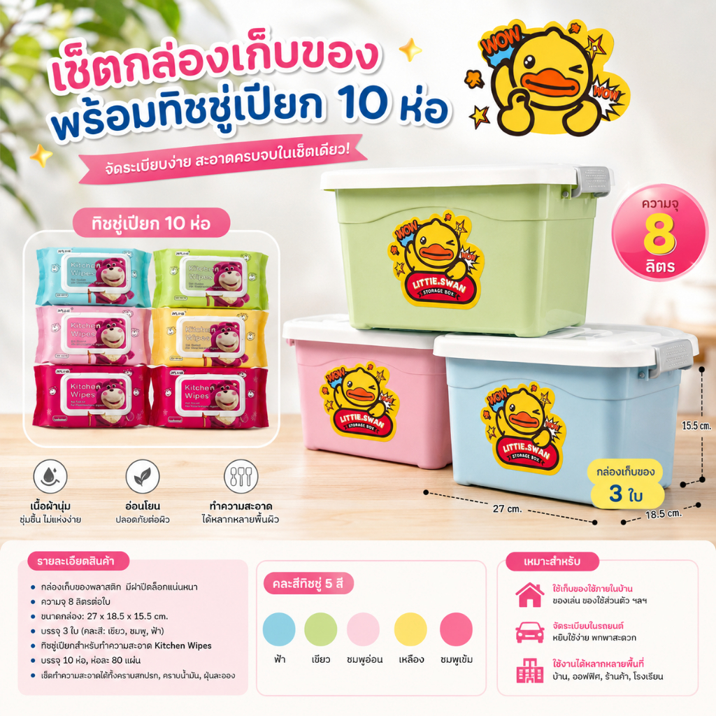 ทิชชู่เปียก (10 ชิ้น) พร้อมกล่องอเนกประสงค์ กระดาษทิชชู่เปียก ทิชชู่ กระดาษทำความสะอาด นุ่ม