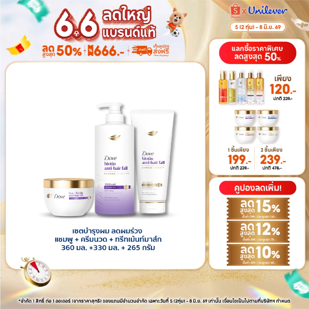 [เซ็ทลดผมขาดร่วง] โดฟ แชมพู + คอนดิชันเนอร์ + ทรีทเม้นท์ ไบโอติน แอนตี้แฮร์ฟอล ไมเซล่า 360มล+330มล+265กรัม