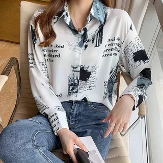 เสื้อเชิ้ตแขนยาวคอปก ผ้าไหมอิตาลี พิมพ์ลายทรงหลวมใส่สบาย แฟชั่นเกาหลี