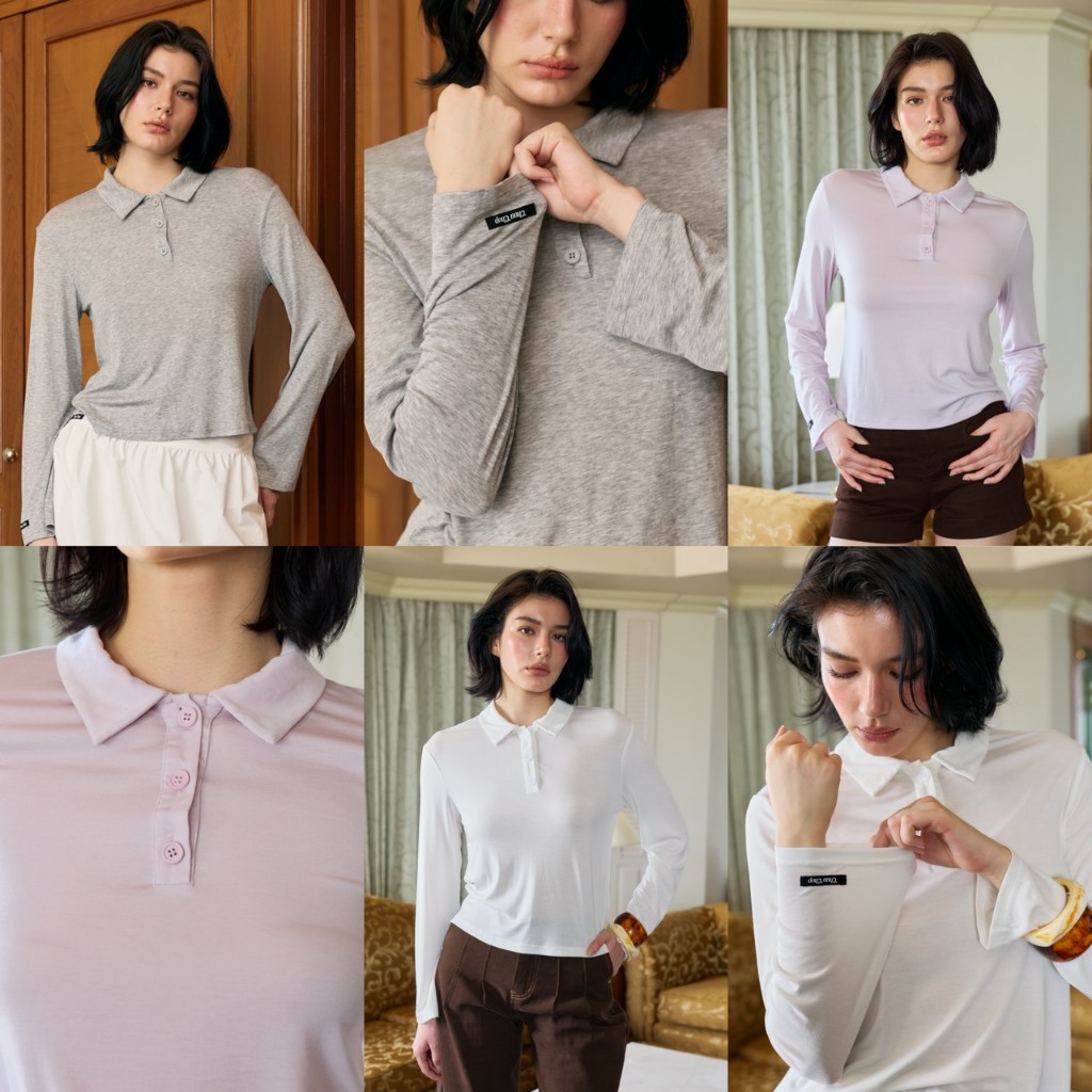 (พร้อมส่ง)CHUUCHOP - (XS-4XL) Citrus Polo Top เสื้อโปโลแขนยาว ผ้านุ่ม ยืดหยุ่นดี ใส่สบายได้ทุกวัน (C8587)