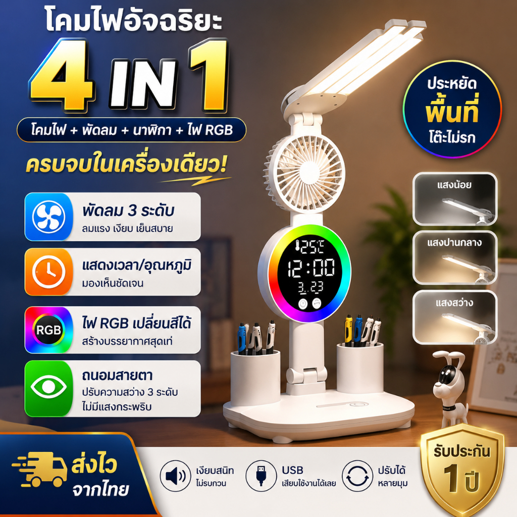 โคมไฟตั้งโต๊ะ Led แบบชาร์จไฟได้ พร้อมพัดลม พร้อมนาฬิกา พัดลมตั้งโต๊ะ มีไฟบรรยากาศและนาฬิกาดิจิทัล ชาร์จไฟได้ ขนาดเล็ก