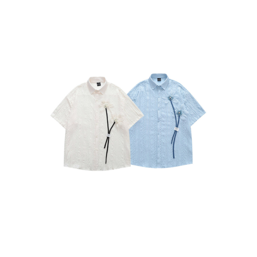 เสื้อเชิ้ตแขนสั้นงานปักพรีเมียมลายดอกไม้ Premium Flower Korea Shirt