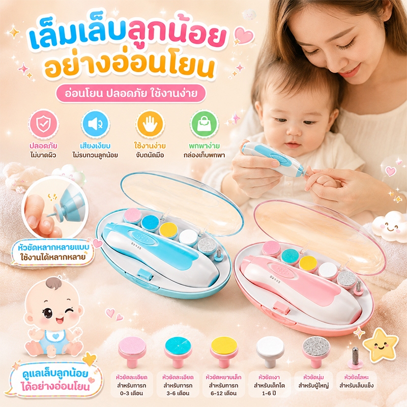 ที่ตัดเล็บเด็กไฟฟ้า กรรไกรตัดเล็บเด็กไฟฟ้า หมุนได้ 360 องศา หัวตะไบ 6 in 1 พร้อมไฟฉายในตัว เหมาะสำหรับเด็กแรกเกิด