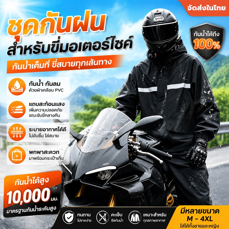ชุดกันฝน 2 ชิ้น เสื้อ + กางเกง พร้อมหมวกหน้ากากใส ถอดได้ กันน้ำได้เต็มตัว