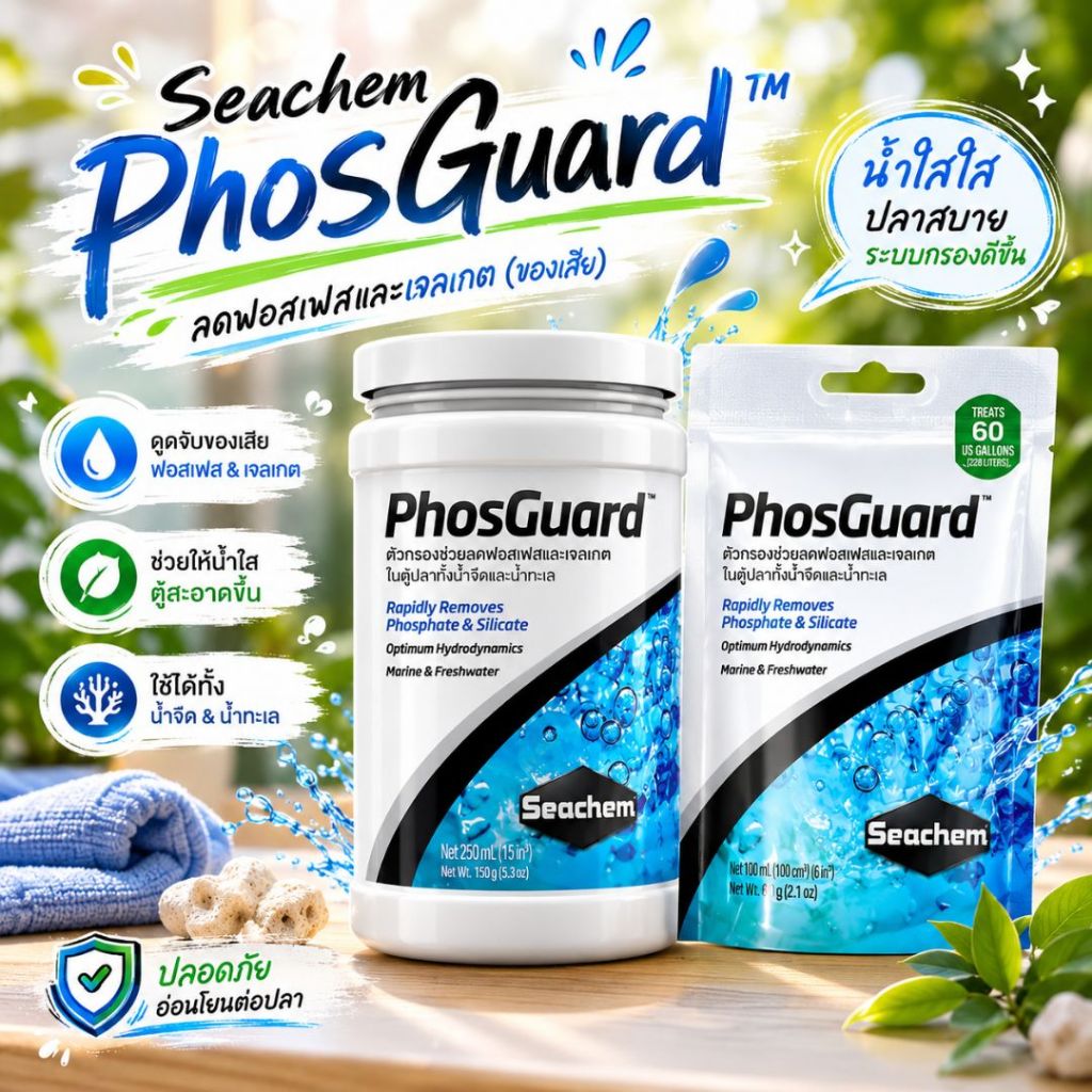 Seachem PhosGuard™ใช้ลดปริมาณฟอสเฟสและซิลิเกต (ของเสีย) ในตู้ปลาทั้งตู้น้ำจืดและตู้น้ำทะเล