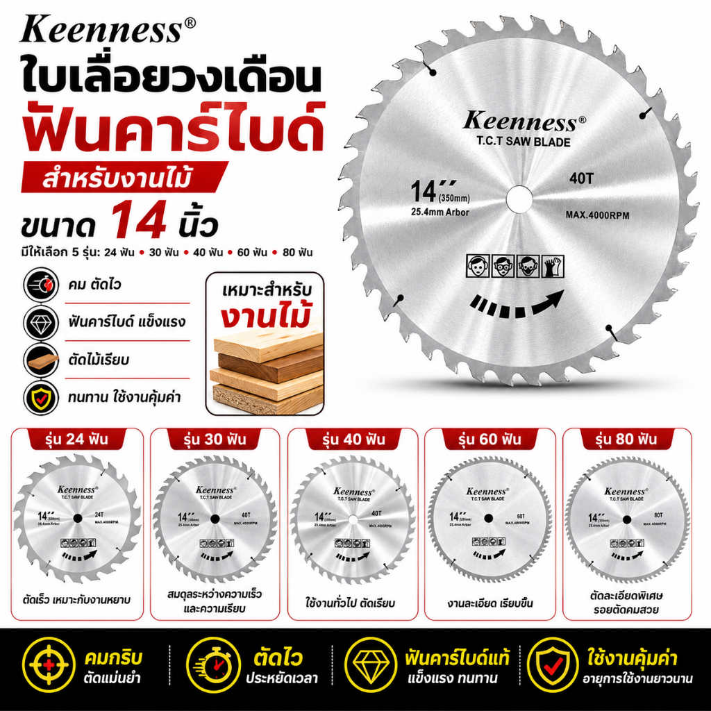 Keenness ใบเลื่อยวงเดือน 14 นิ้ว ฟันคาร์ไบด์แท้ ตัดไม้เรียบ คม ทนทาน เลื่อยวงเดือน 24/30/40/60/80 ฟัน ใบเลื่อยตัดไม้