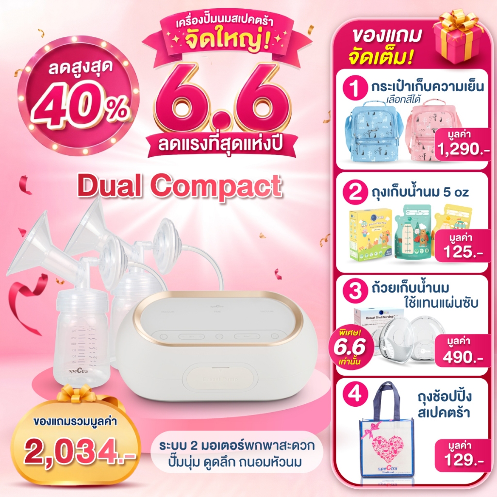 Spectra Dual Compact เครื่องปั๊มนม 2 มอเตอร์ ดูดนุ่มถนอมหัวนม มีแบต ประกันศูนย์ 1 ปี