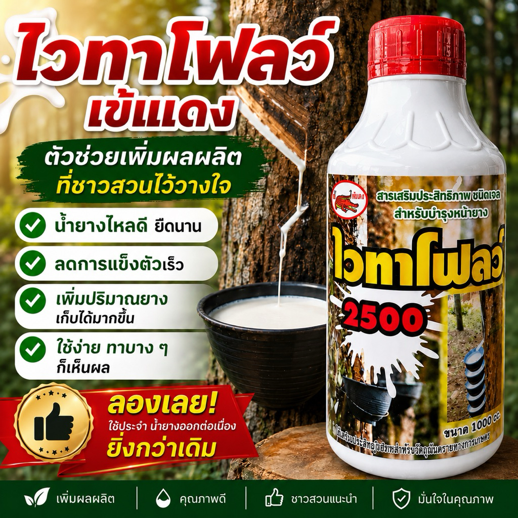 ยาทาหน้ายาง 🔥ไวทาโฟลว์ เข้แดง สูตรเจล น้ำยางไหลนาน ผลผลิตเพิ่มขึ้น สารบำรุงหน้ายาง