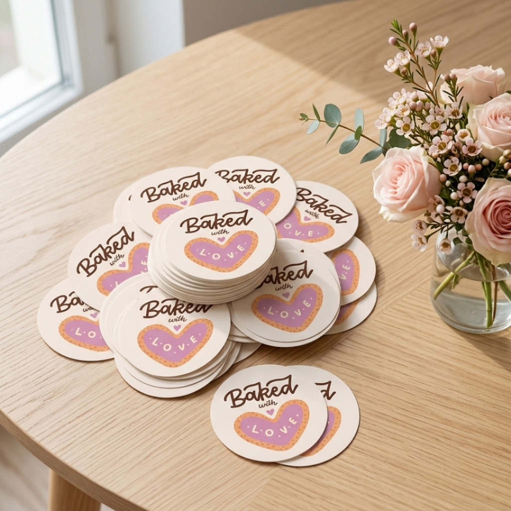 สติ๊กเกอร์ Bake with love สติกเกอร์เบเกอรี่ ขนม ขนมเค้ก คุกกี้น่ารัก เกาหลี มินิมอล วงกลม ขนาด 3 cm (35ดวง/แผ่น)