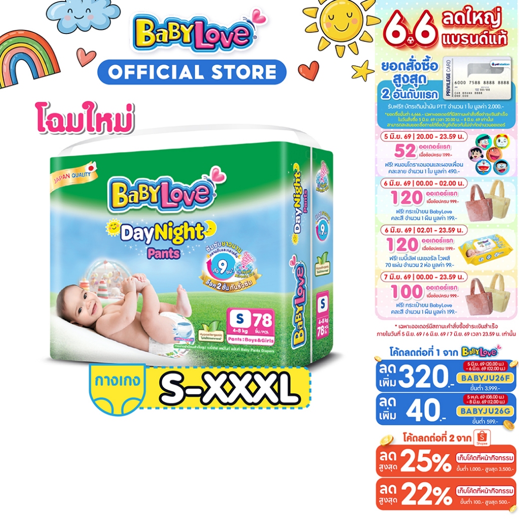 BabyLove DayNight Pants กางเกงผ้าอ้อมเด็ก เบบี้เลิฟ เดย์ไนท์ แพ้นส์ ขนาดเมก้า ไซส์ S/M/L/XL/XXL/XXXL