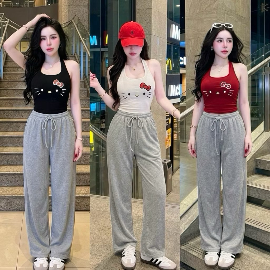 👗พร้อมส่ง👗 ชุดเซ็ต2ชิ้น เสื้อครอปคล้องคอเอารูปเอว+กางเกงวอร์ม ผ้าคอตตอนสำลี งานไทย ไม่บาง เสื้อสกรีน