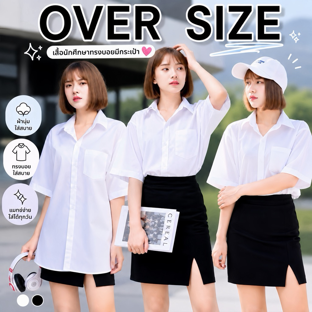 🍋เสื้อนักศึกษาทรงบอยมีเป๋า (Oversize) เสื้อนักศึกษาทรงบอย Sz.S36-56 ทรงบอย