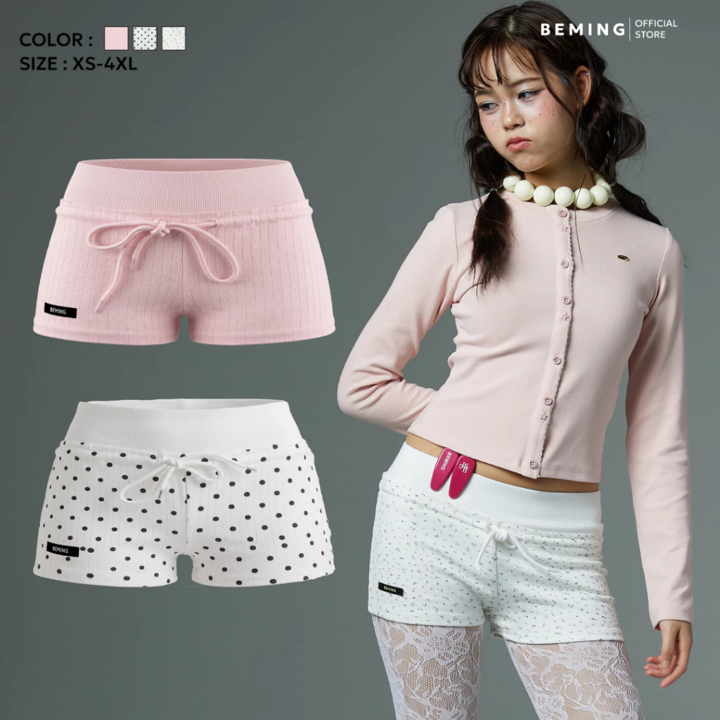Bemingshorts048(XS-4XL)-Ribbie Shorts - กางเกงขาสั้นเอวสูงเอวยางยืดมีเชือกปรับได้ ใส่สบายไม่อึดอัด