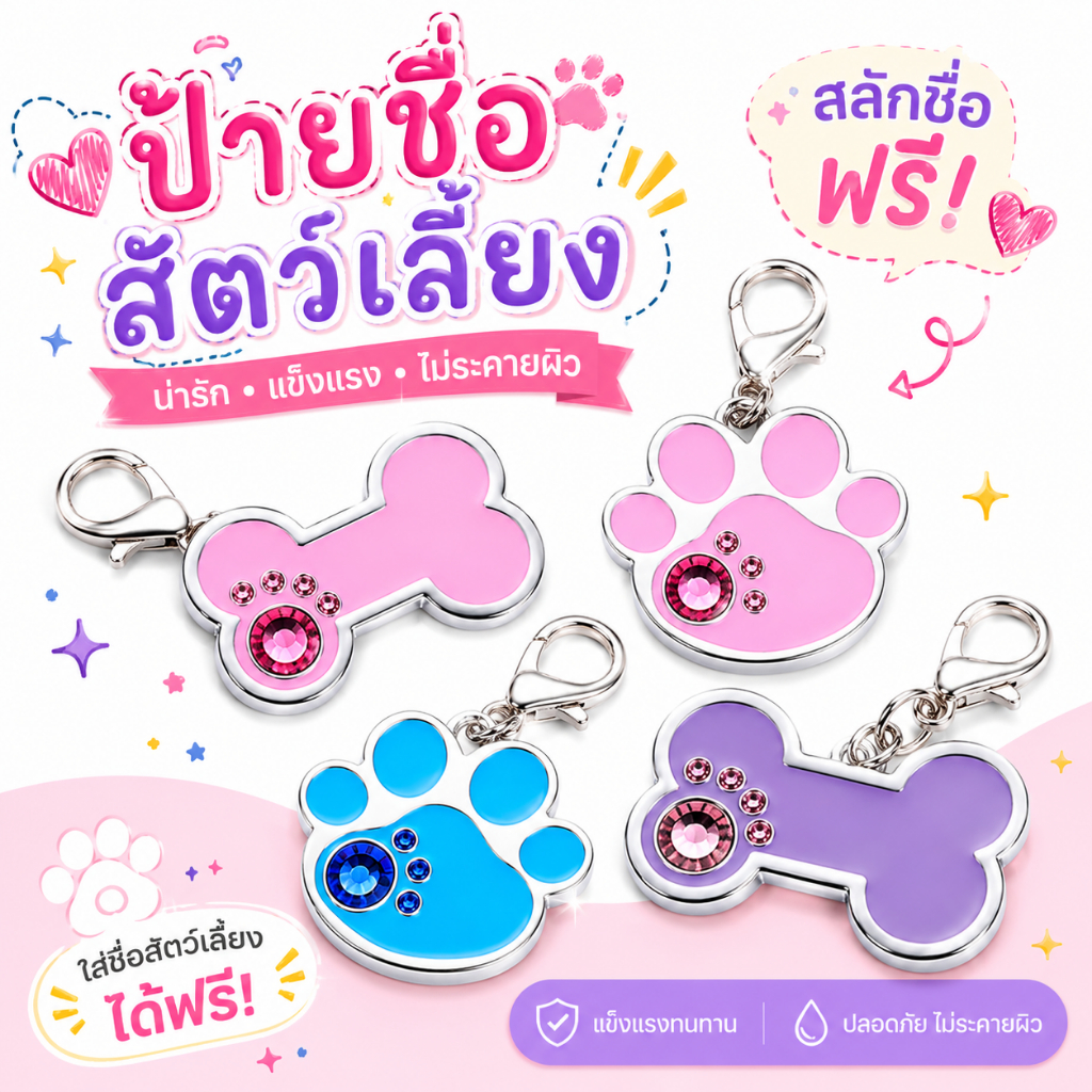 สลักชื่อฟรี ป้ายชื่อสัตว์เลี้ยงพร้อมข้อมูลติดต่อ สำหรับสุนัขและแมว ลายน่ารัก สีสวย แข็งแรง น้ำหนักเบา ปลอดภัยต่อผิวสัตว์