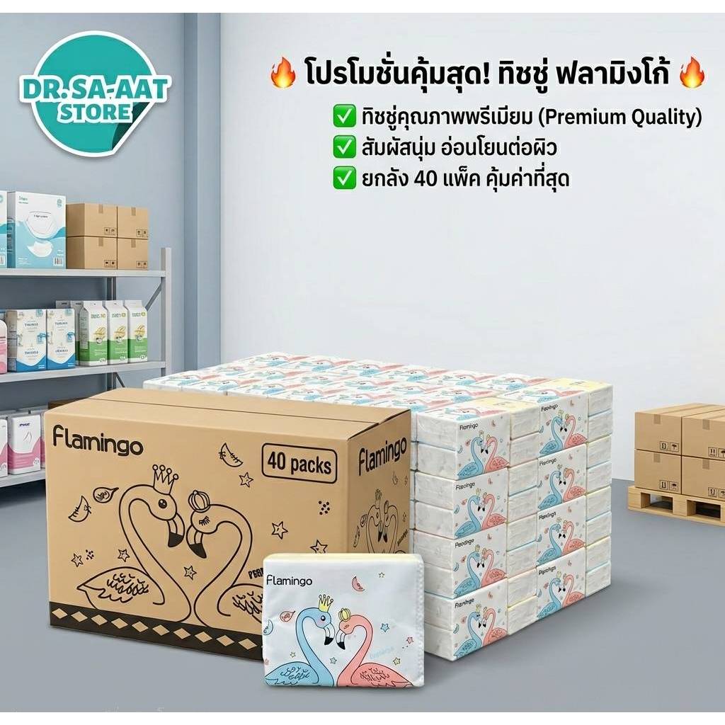 [ยกลัง 40 ห่อ] Flamingo กระดาษทิชชูหนา 2 ชั้น (420 แผ่น/ห่อ) ไร้ฝุ่น นุ่มสบาย สัมผัสอ่อนโยน คุ้มค่าจุใจ