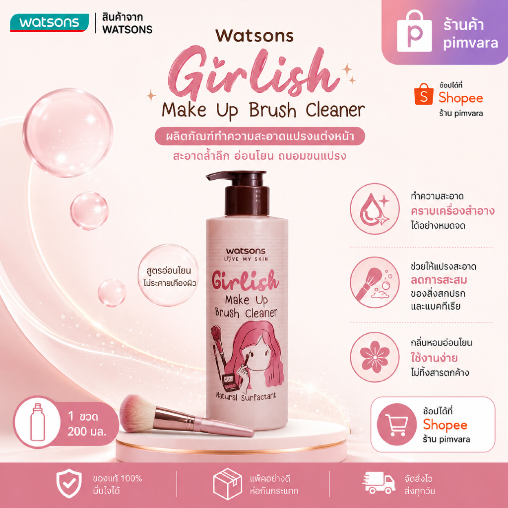 หมดอายุปี 29 ใหม่ Watsons Girlish Make Up Brush Cleaner 200 มล