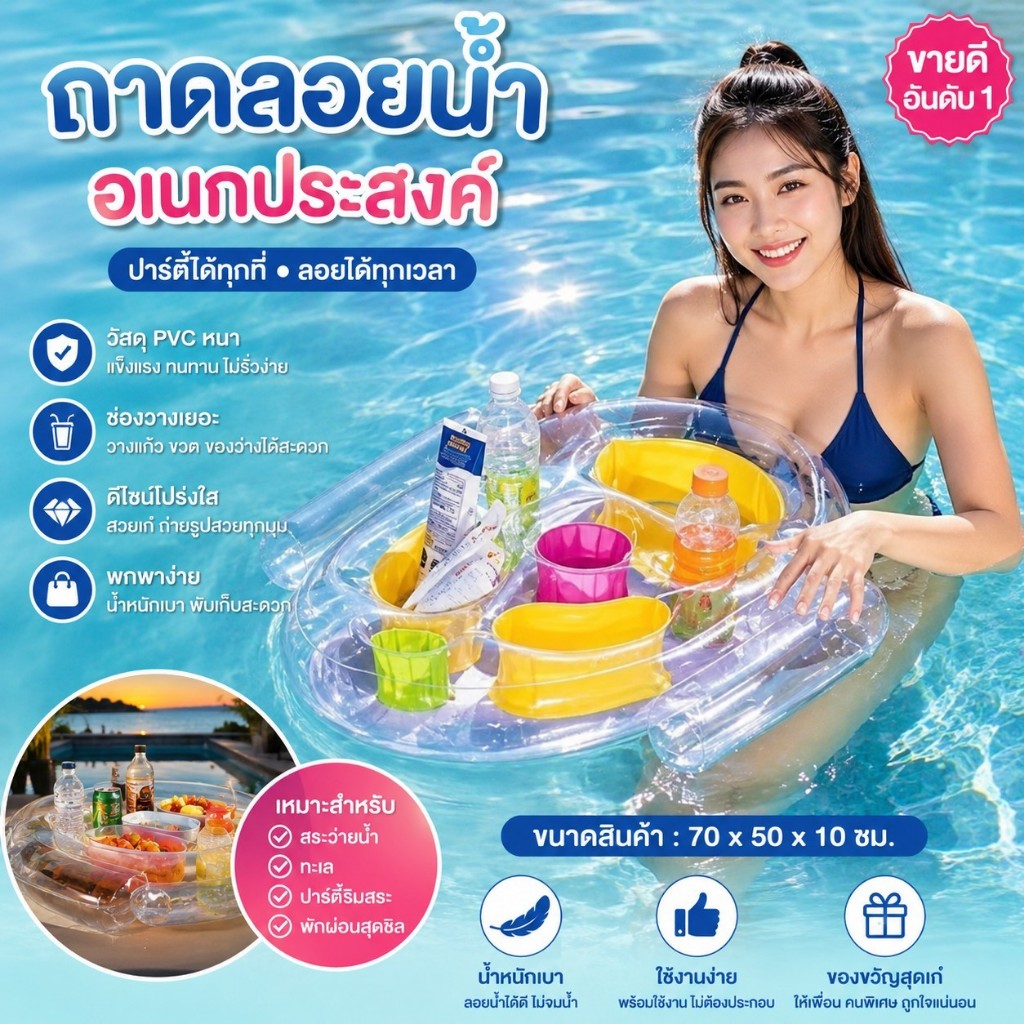 แพเป่าลมวางอาหารสุดชิค! ☀️🍹 ไม่ว่าจะเล่นน้ำในสระ ในคลอง หรือแม่น้ำ ก็ฟินได้ทุกที่ มีช่องใส่แก้วและอาหารแยกเป็นสัดส่วน พก