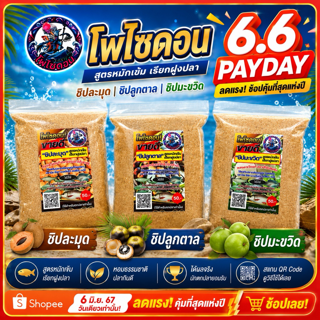 ชิปลูกตาล ชิปมะขวิด ชิปละมุด เหยื่อตกปลาโพไซดอน 1 ถุง 500g หัวเชื้อตกปลาเกล็ดทุกชนิด