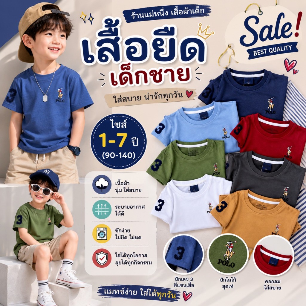 เสื้อยืดคอกลมเด็กโตสีพื้น ปักม้า(ชุด2) ผ้านุ่ม ไม่หดไม่ย้วย ผ้าดีมากใส่สบาย
