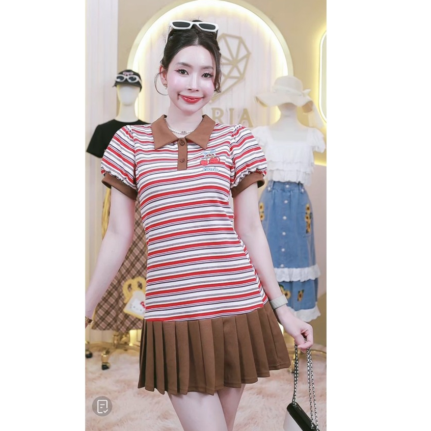 (มี3XL) Maria Diamond สีน้ำตาลแดง Choco Berry Dress เดรสผ้าคอตตอนยืดกระดุมหน้า ปักอก ปกเชิ้ต แขนสั้นปลายกระโปรงระบาย