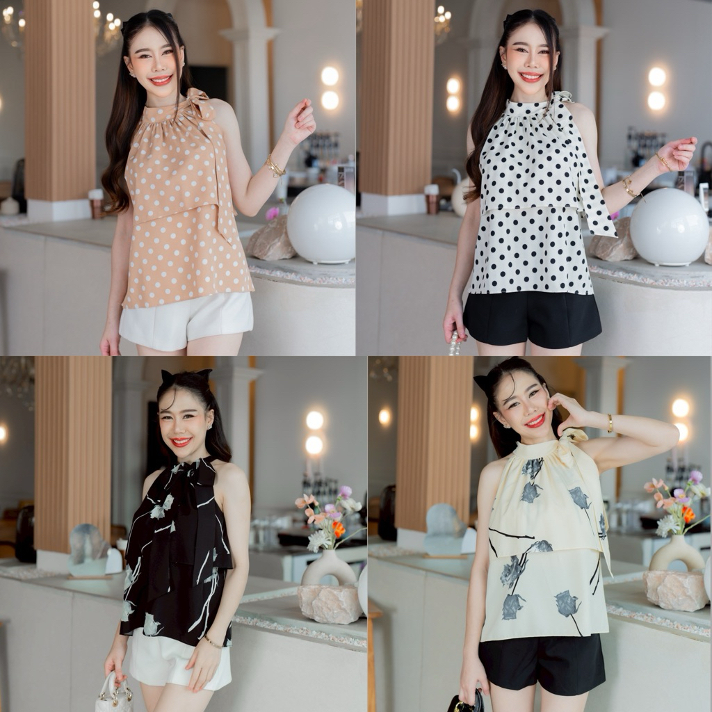 Princess Top(Flowers+Polka dots)เสื้อคอปีนผูกโบว์ข้าง ระบาย2ชั้น สวยหรูดูแพงมากค่ะ โทนสีคลาสสิค แนะนำเลยค่า❤️