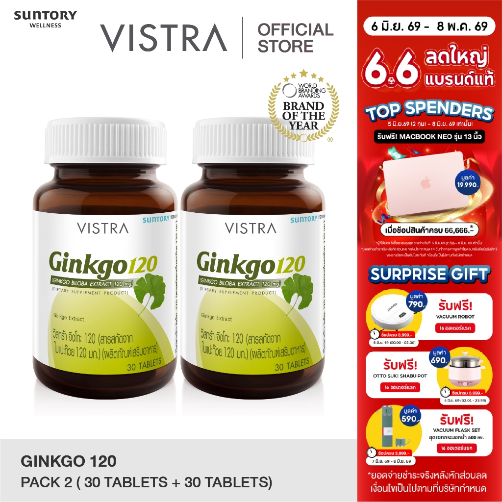 [แพ็คคู่ 2 ขวด] VISTRA Ginkgo สารสกัดจากใบแปะก๊วย120Ml. - บำรุงสมอง ช่วยเรื่องความจำ(30 เม็ด)