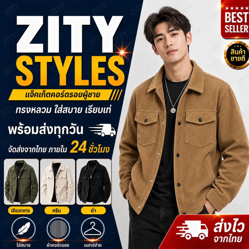 ZITY แจ็คเก็ตผู้ชาย Retro ทำจากผ้าลูกฟูก 4 สีเลือก สไตล์มินิมอล ผู้ชายทุกวัย