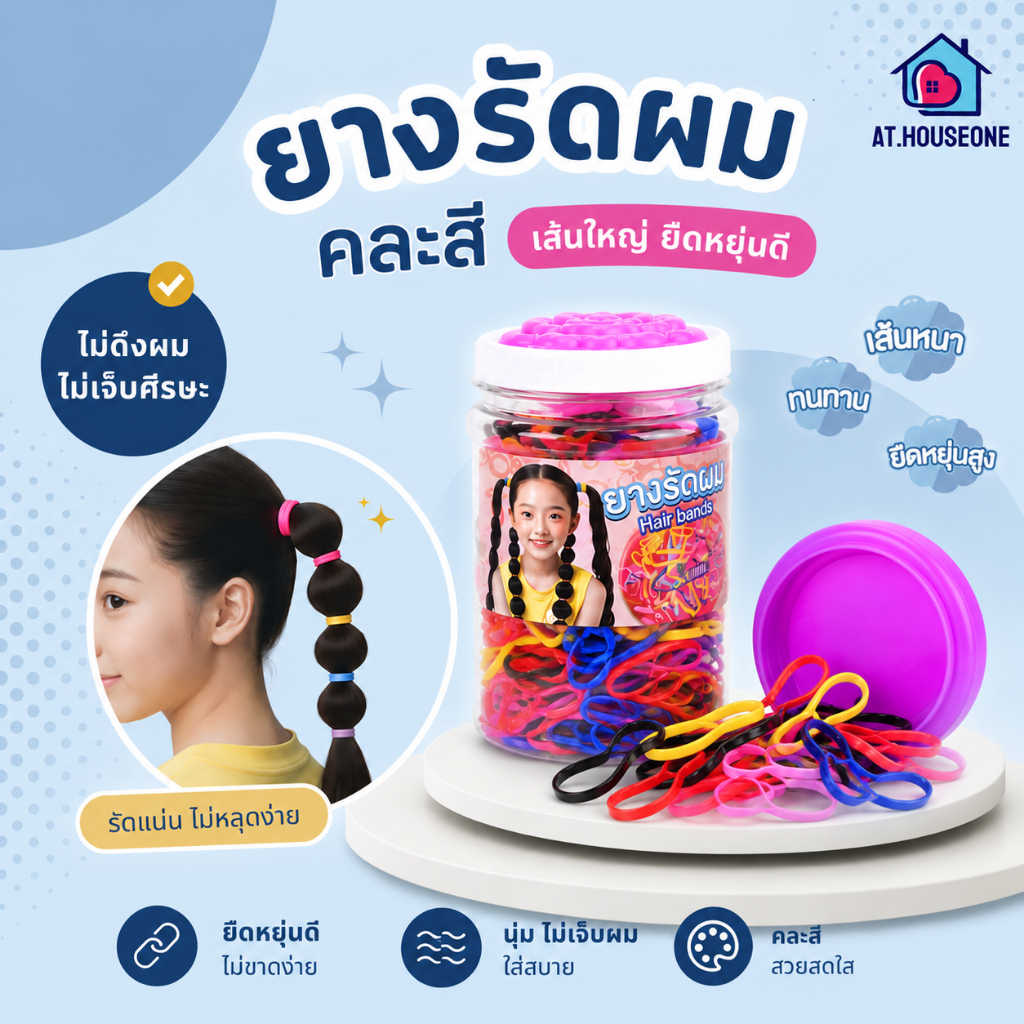 At.Houseone หนังยางรัดผม เส้นใหญ่ ยางรัดผม แบบสีดำและคละสี ยางมัดผมกระปุก เส้นใหญ่หนา