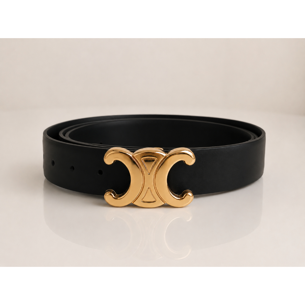 ฺB358 เข็มขัดหนังดำหัวทอง Premium Belt หรูหรา เรียบหรู ใส่ได้ทุกลุค