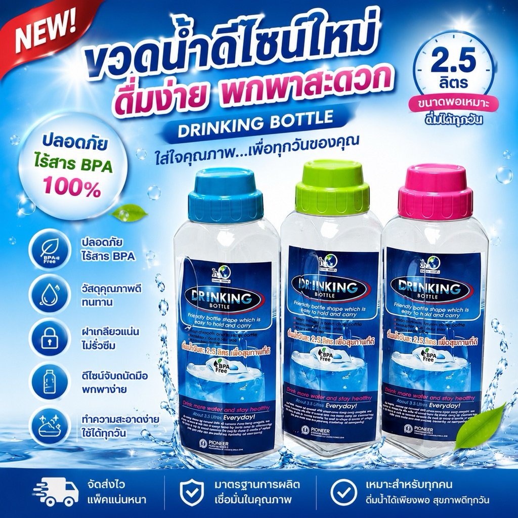 ** แพ็คละ 3ใบ ** PIONEER ขวดน้ำพลาสติก ฝาเกลียว 1.4 ลิต กระบอกน้ำดื่ม กระบอกน้ำตู้เย็น