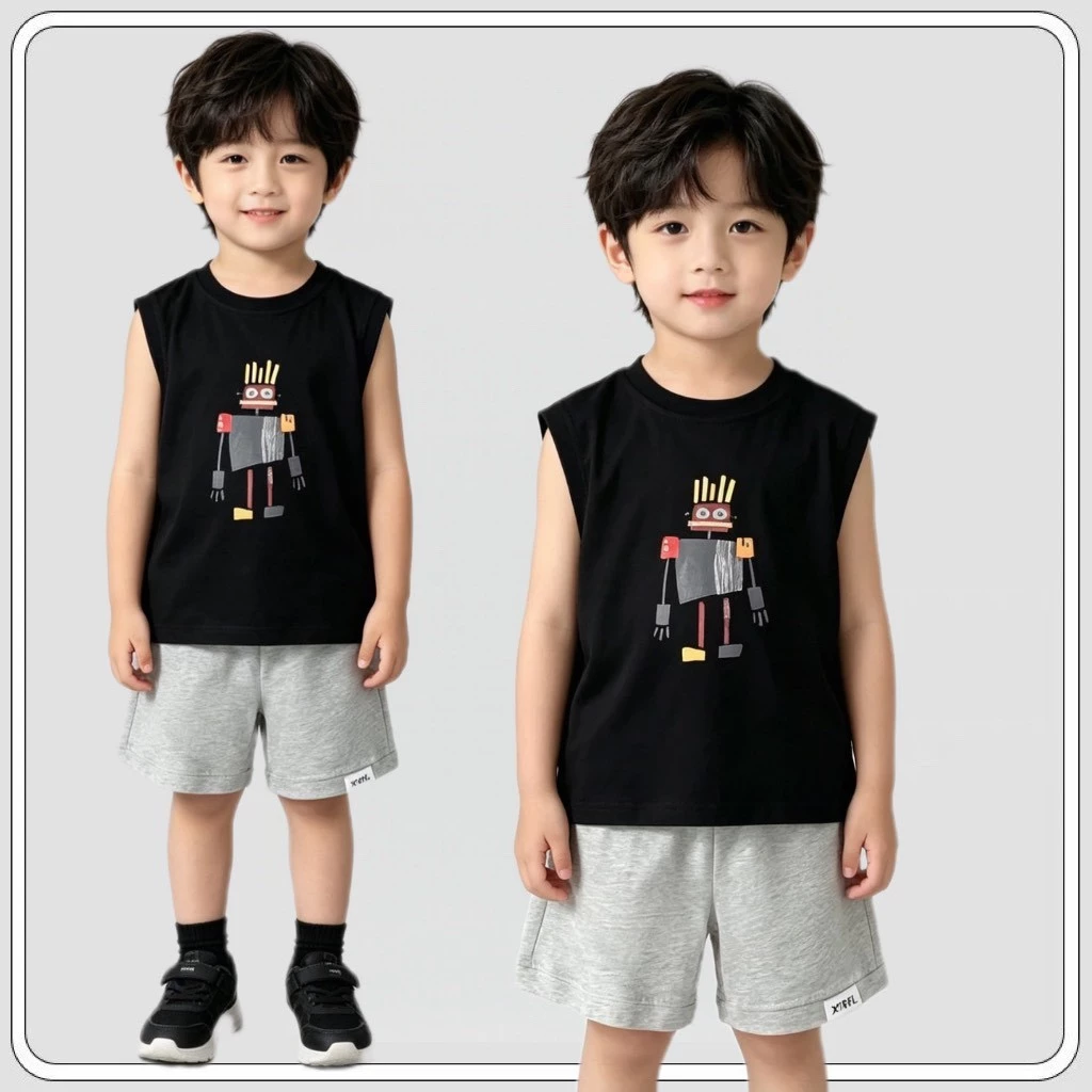 MC313 ชุดเด็กผู้ชายแขนกุด ลายหุ่นยนต์ เสื้อกล้าม + กางเกงขาสั้น ใส่สบาย