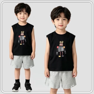 MC313 ชุดเด็กผู้ชายแขนกุด ลายหุ่นยนต์ เสื้อกล้าม + กางเกงขาสั้น ใส่สบาย