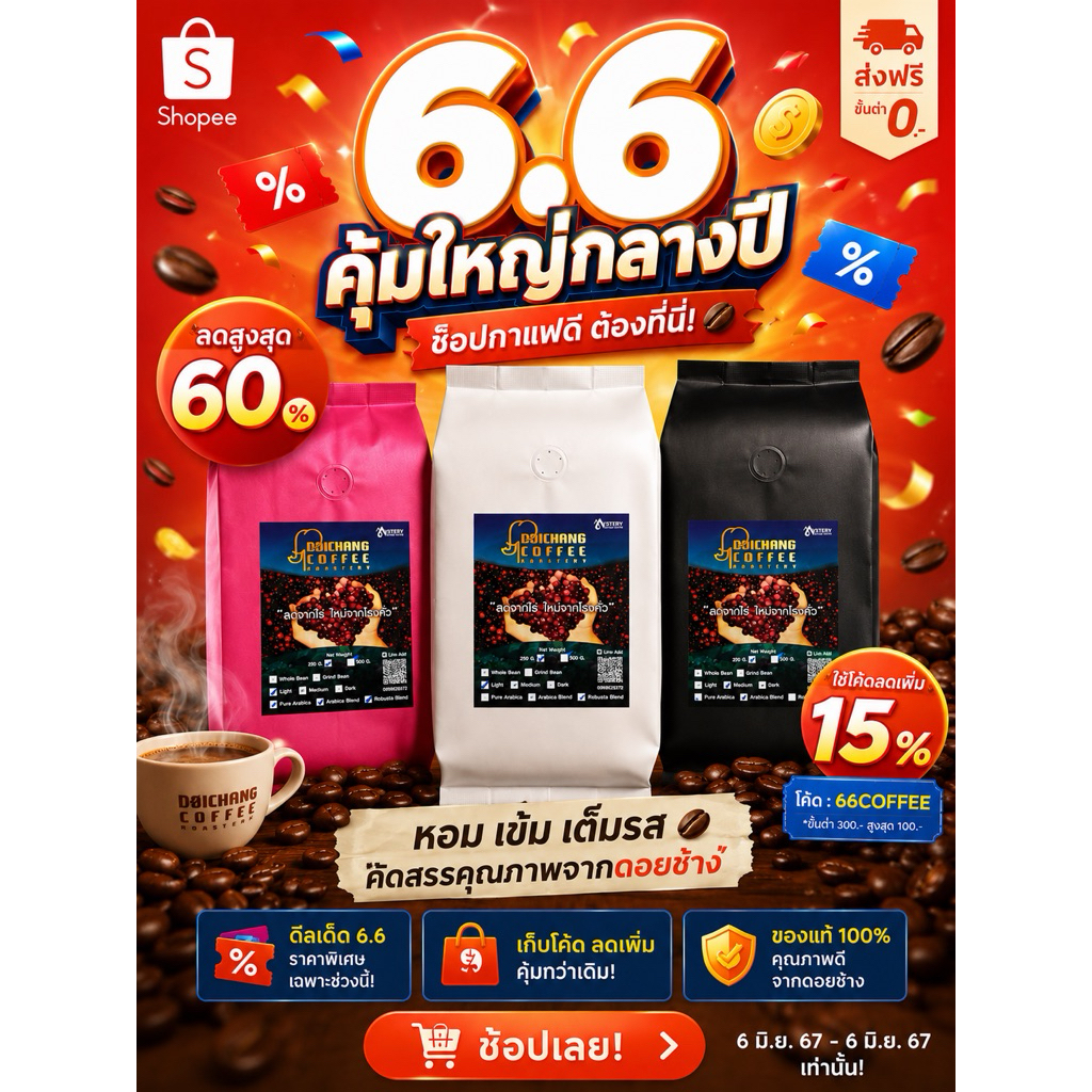 เมล็ดกาแฟคั่วดอยช้าง (Aรวม)  (500 g.)