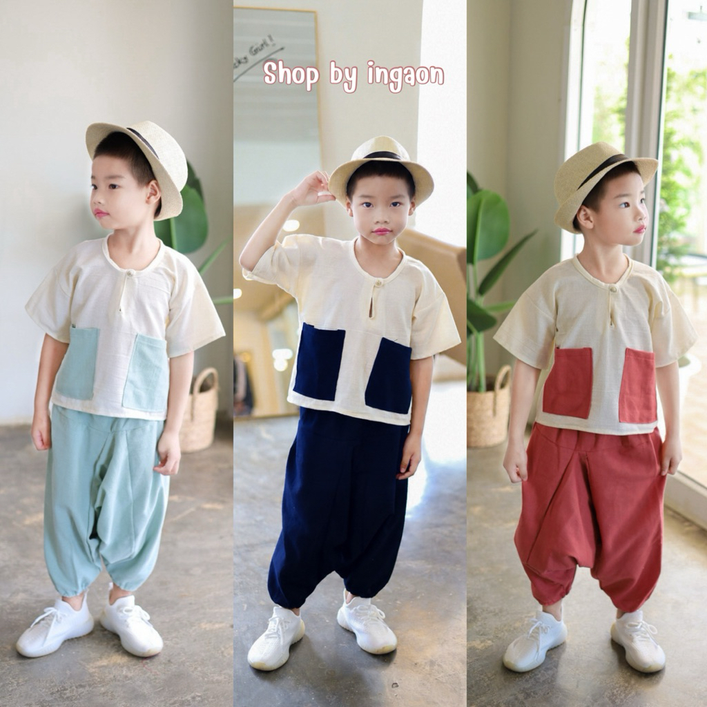ชุดเด็กดอย ชุดเซ็ตเสื้อ+กางเกง(รุ่นคอกลม สีพื้น ทูโทน)