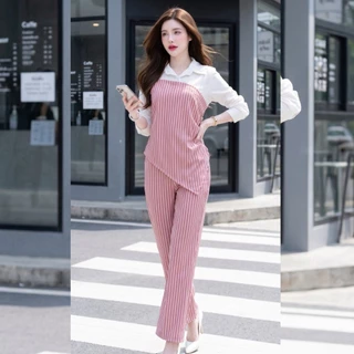 สินค้าพร้อมส่ง ชุดเซตออกงานผ้าไหมอิตาลีลายริ้ว เสื้อคอปกทรูโทนจีบข้างติดกระดุม+กางเกงเอวเรียบสม๊อคหลังซิปข้างแต่งสายผูก