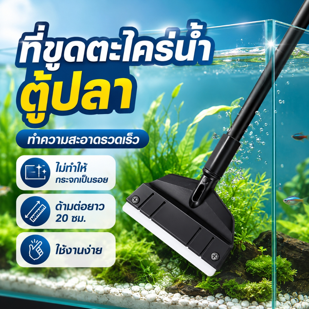 มีดขูดสาหร่ายและแปรงยาว ทำความสะอาดตู้ปลา ขจัดคราบตะไคร่น้ำ ไม่ทำลายกระจก ใช้ง่ายทุกมุมตู้ปลา