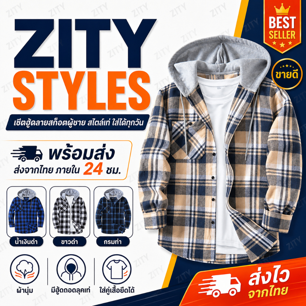 ZITY เสื้อแขนยาว ลายสก็อต สไตล์เกาหลี มีฮู้ด เสื้อคลุมเท่ ผ้าใส่สบาย