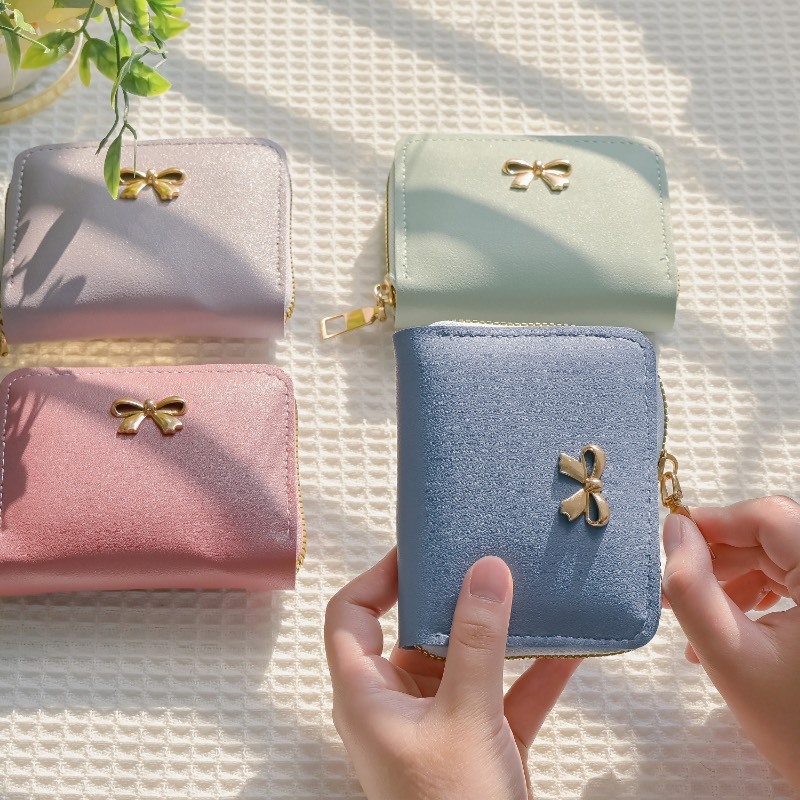 กระเป๋าสตางค์สีพลาสเทล ใบสั้นโบว์(GC-088) น่ารัก ใส่แบงค์ ใส่บัตร ใส่เหรียญได้