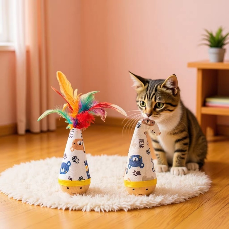 PEKO PET&CAT [ล้มลุก011] ของเล่นแมวตุ๊กตาล้มลุก ทรงกรวยพร้อมขนนก ของเล่นฝึกทักษะสัตว์เลี้ยง