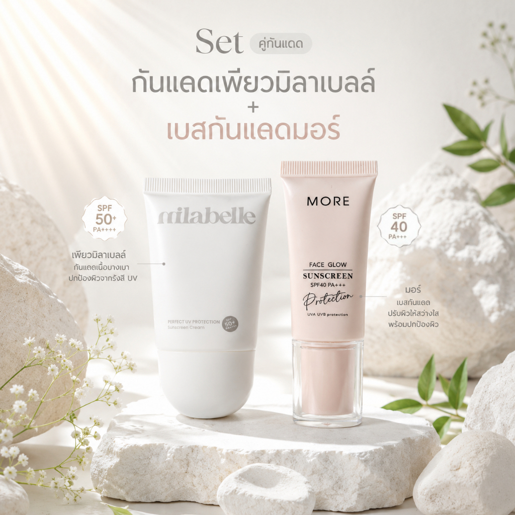เซตคู่ กันแดด กันแดดเพียว ครีมกันแดด รองพื้นปกปิด by More ไม่มีซิมเมอร์ SPF50/SPF40 UVA UVB ส่งไว1-3 วัน บำรุงผิวหน้า