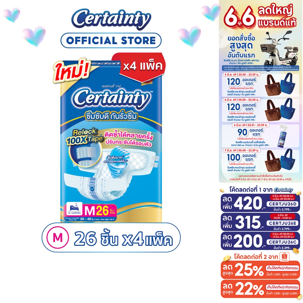 Certainty Tape ผ้าอ้อมผู้ใหญ่แบบเทป เซอร์เทนตี้ เทป ขนาดจัมโบ้ ไซส์M (26 pcs) x 4แพ็ค